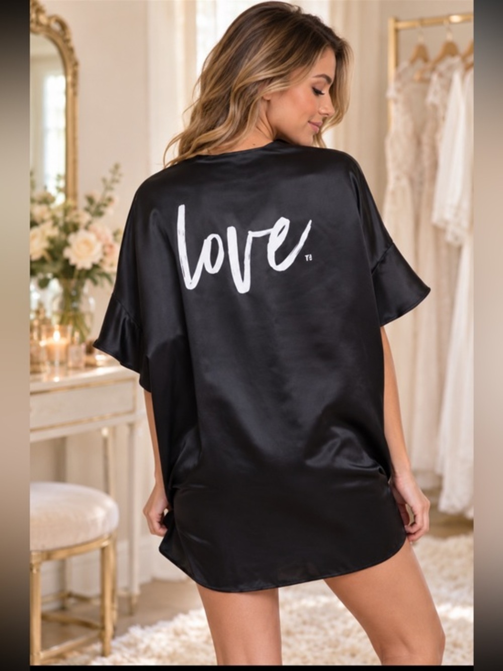 Victoria’s Secret One Size Black Satin Love Bridal Kimono Robe